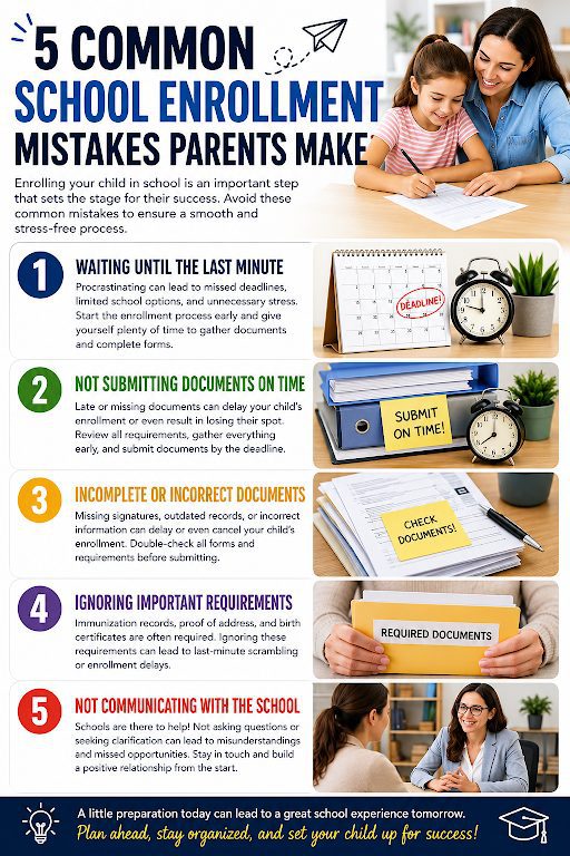 Infographic showing the 5 most common school enrollment mistakes parents should avoid.